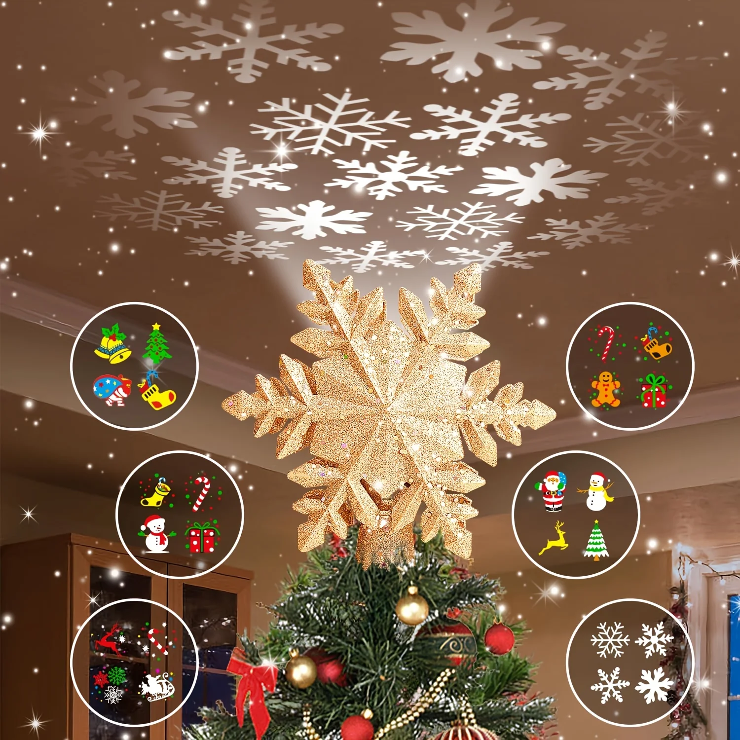 

LED Rotating Christmas Tree Topper with 6-in-1 Snowflake Projector, 3D Glitter & Fit for all Tree Sizes (Low Voltage for /Pets)