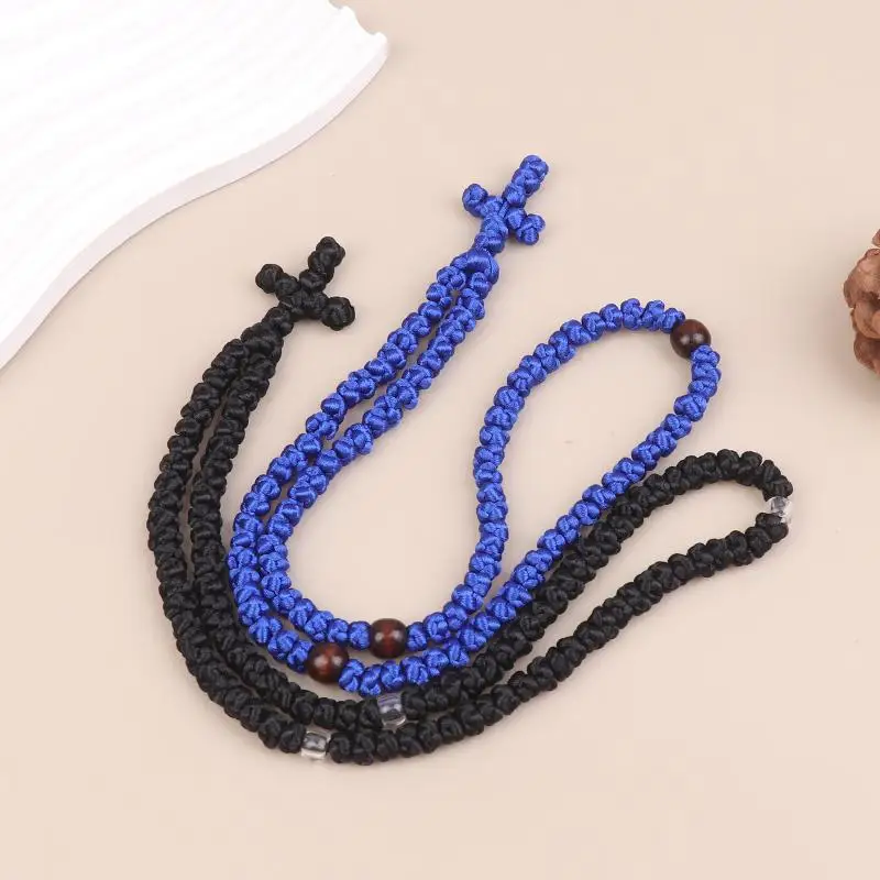 Black/Blue Komboskini Knot Necklace Handmade Orthodox Religous Rosary Prayer Rope Cross Jewelry Gift