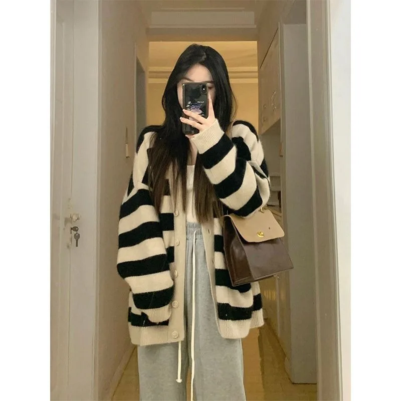 Sweater Female 2023 Spring Wear Korean Loose Slouchy Sweater Striped Knitted Cardigan Coat Women Spring and Autumn Sweater Top