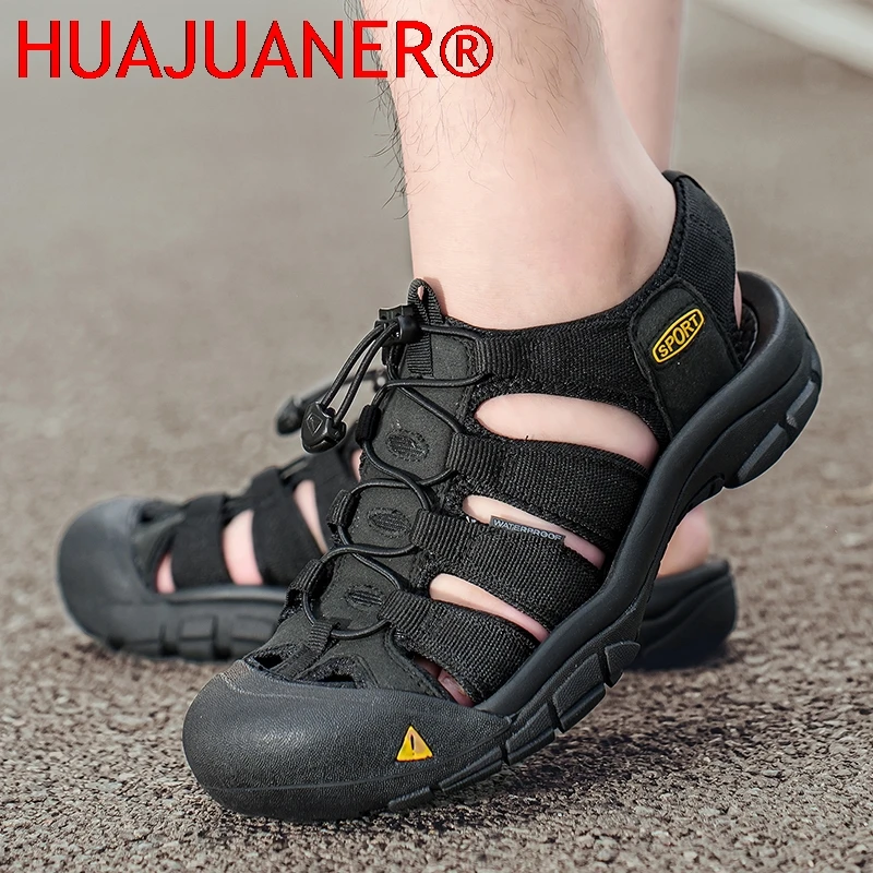 

Летние модные мужские кожаные сандалии для повседневной носки на открытом воздухе, нескользящие, износостойкие, с закрытым носком, дышащие, пляжные, с перфорацией