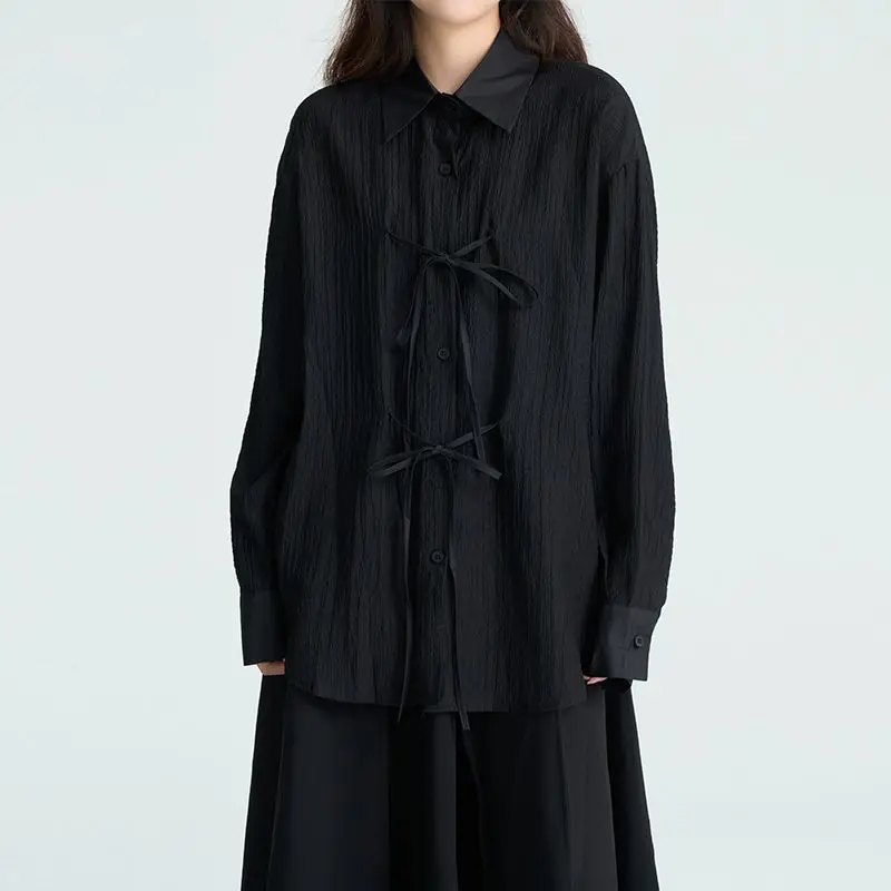 

New Chinese Style Lace Up Bow Shirt for Women Loose Black Long Sleeve Blouses 2025 Spring Autumn New Lapel Neck Tops Mujer
