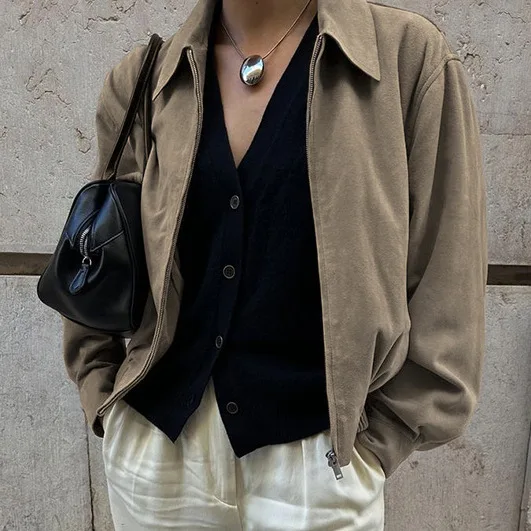 

Ladies' Vintage Sle Long Sve Collared Jaet Zipper Simple Design Spring Autumn Top Casual Faion Retro Wind Coat