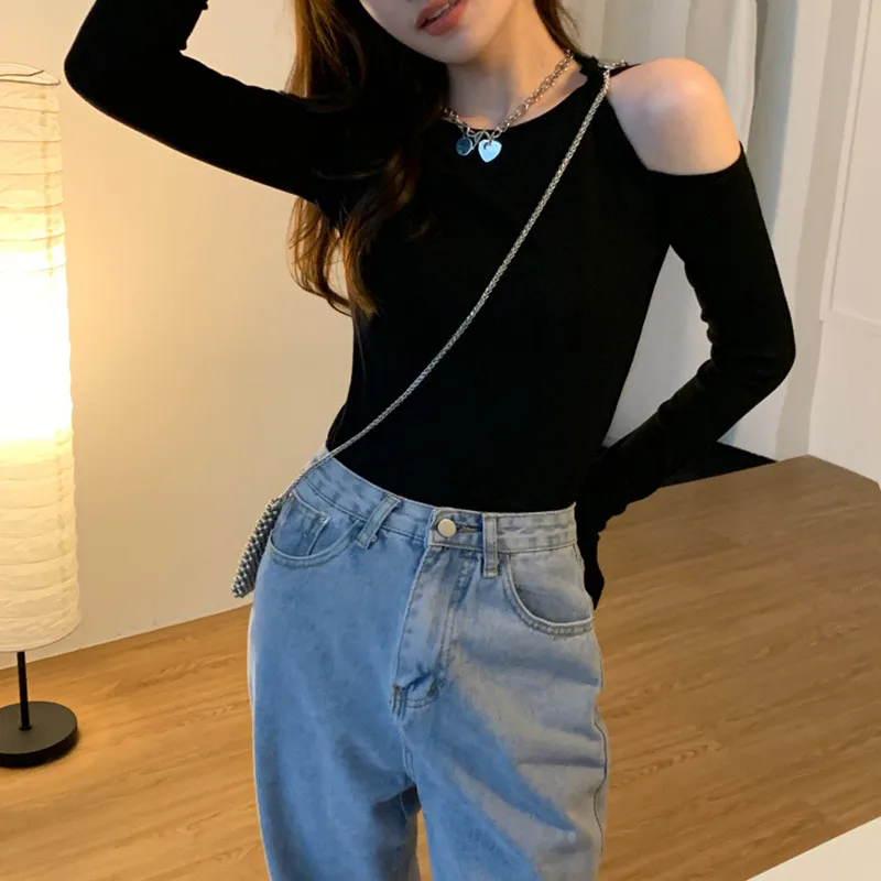 Off Shoulder Sexy T-shirts Women Crop Tops Korean Fashion Slim Tees Shirts Autumn Winter Vintage Cheap Clothes Woman Y2K Tshirt
