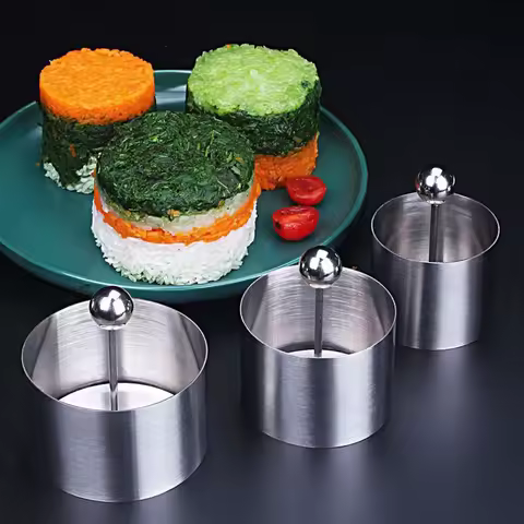 New Round Rices Ball Mold With Pusher Stainless Steel Dessert Mousse Cake Rings Easy Demoulding Sushi Making Mould Kitchen Tool