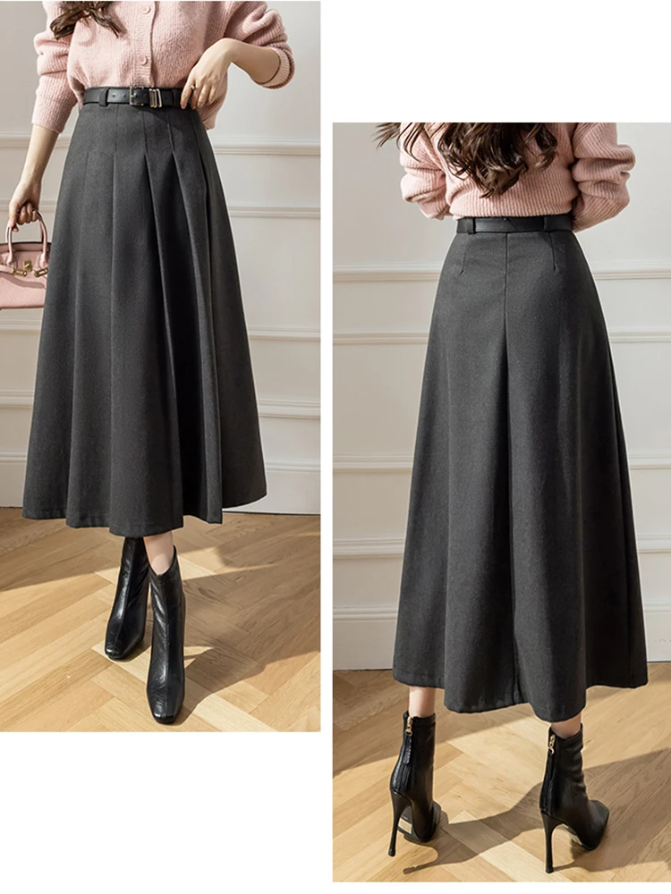 Vintage High Waist Pleated Wool Skirt Woman Elegant Korean Winter Long Maxi Skirts For Women Belt Black Brown Gray Jupe Femme