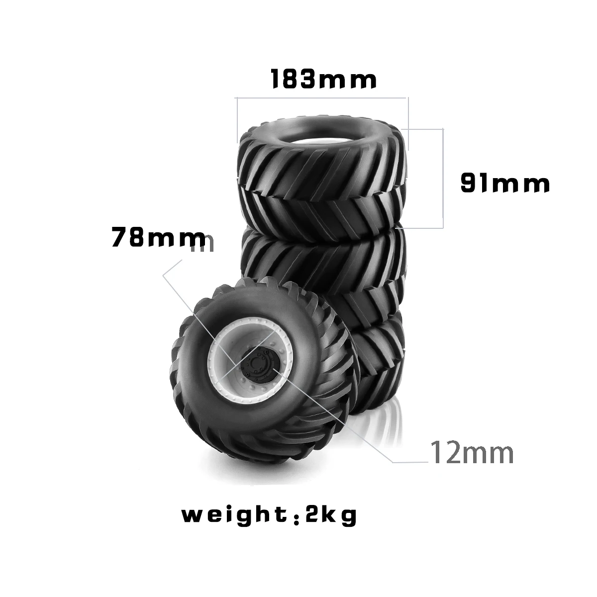 2PCS 1/8 Truck Rubber Tire w/17mm Hex Plastic Wheel Rim 173mm/91mm Rubber Rocks Tyres Set Fit for Traxxas Maxx Tmaxx E-Revo 3.3