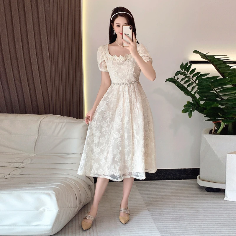 

Luxury Women Summer Beading Diamonds Lace Embroidery Holiday Casual Party Evening Square Collar Short Sleeve Long Dresses