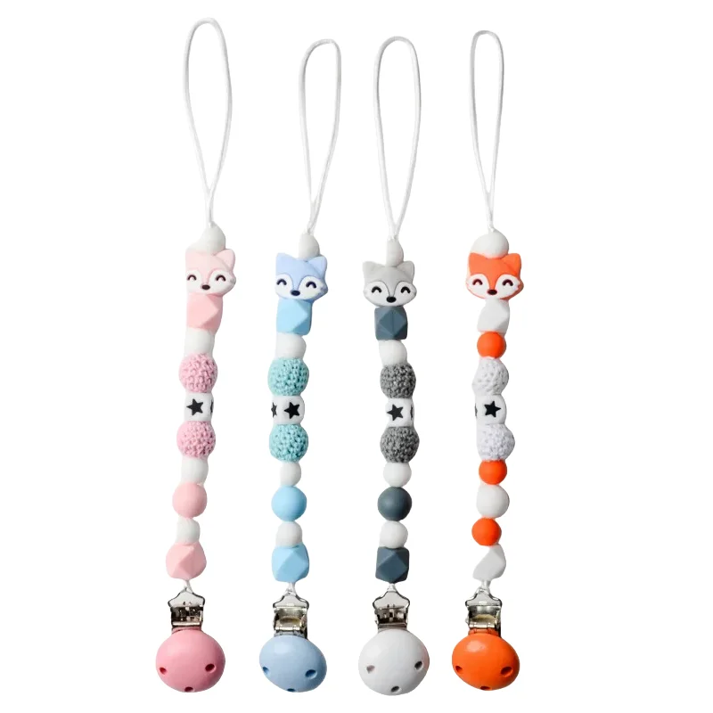 Baby Pacifier Chain Clips Wood Pentagram Teether Silicone Round Beads Teething Chain For Baby Care Soother Chew Toys Shower Gift