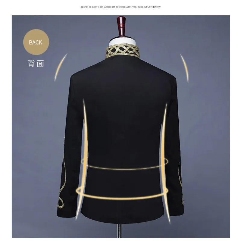سترة رجالية سوداء مرصعة بسحاب ذهبي زي عسكري للمحكمة DJ ملهى ليلي رواج معطف مصفف شعر