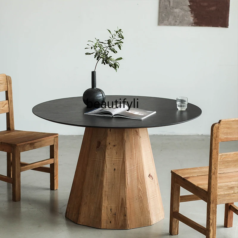 

Black Solid Wood Large round Table Old Pine Oak Veneer Retro Domestic round Dining Table