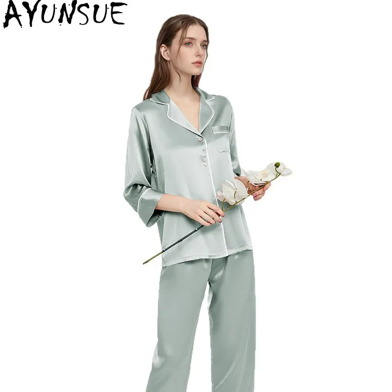 

AYUNSUE 19Mm 100% Mulberry Silk Sleepwear Women Summer Clothes Pajama Set Long Sleeve Top Casual Pants Sets Pijama Feminino