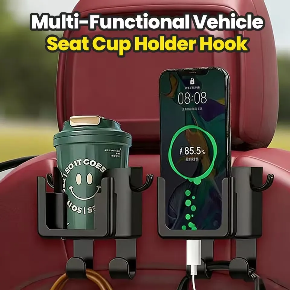 

Multi Functional Car Seat Back Storage Rack with Cup Holder! Mobile Phone Holder and Hook - Suitable for Most Car Models