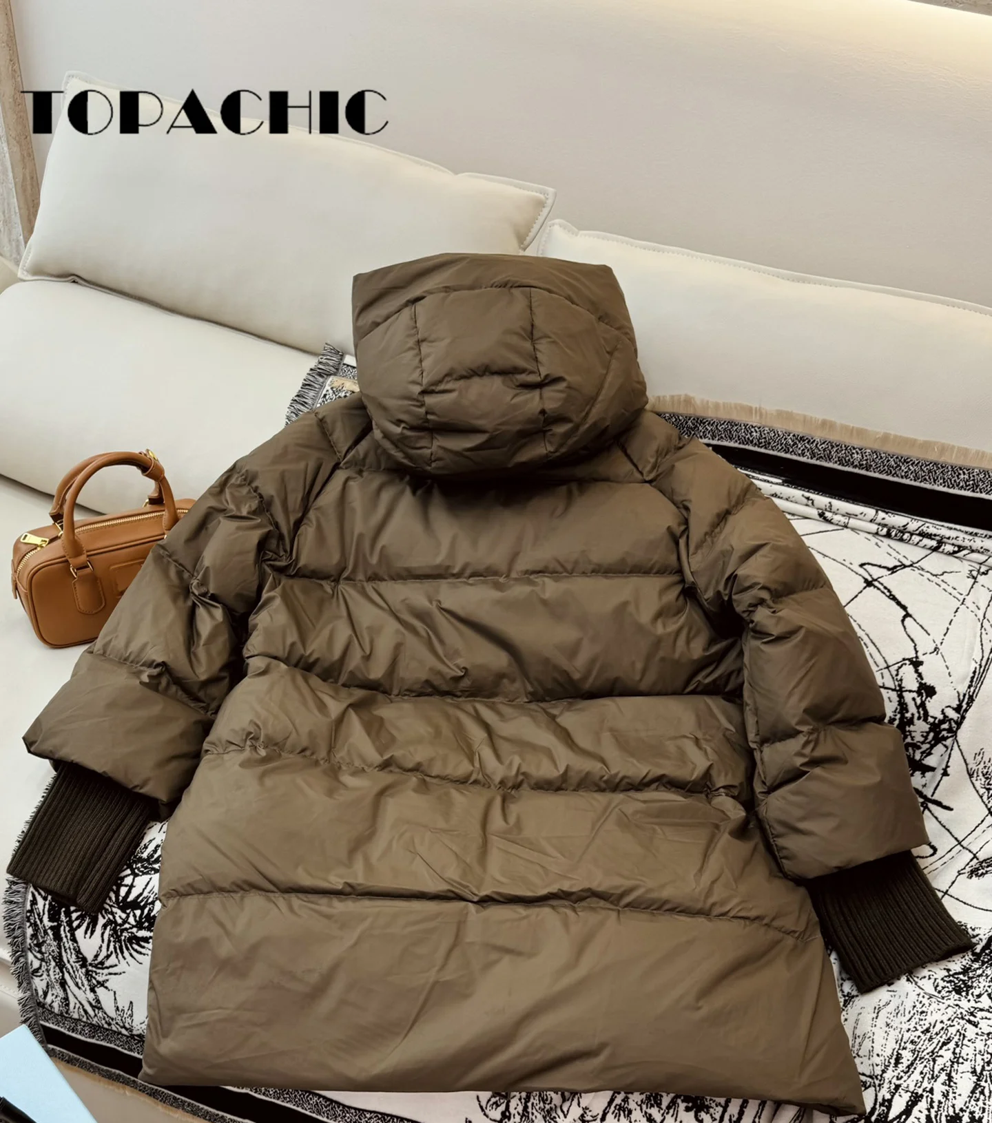 9.5 TOPACHIC-Women Winter New Hooded Zipper Mid-Length Down Jacket Ribbed Knit Cuff Spliced Long Sleeve Loose Down Outerwear