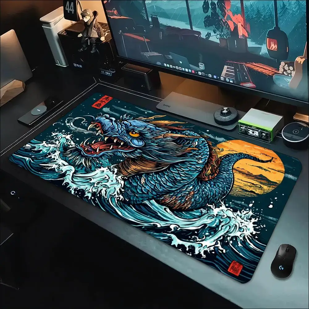 Oriental Green Golden Dragon Ocean Wave Art Large Mouse Pad For Laptop Computer Gaming And Daily Office Working Needs