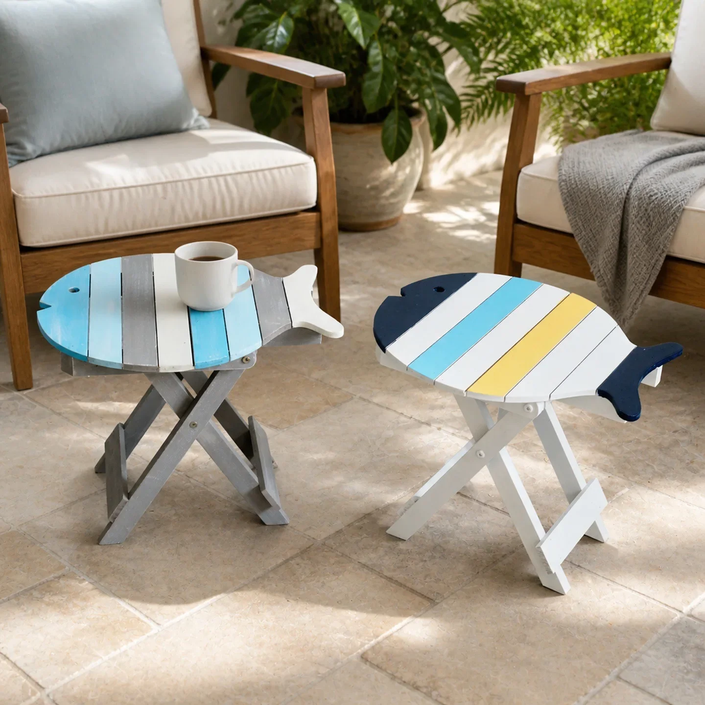 Vintage Solid Wood Fish Shaped Folding Side Table Mediterranean Colorful Small Coffee Table for Patio Indoor Home Decoration