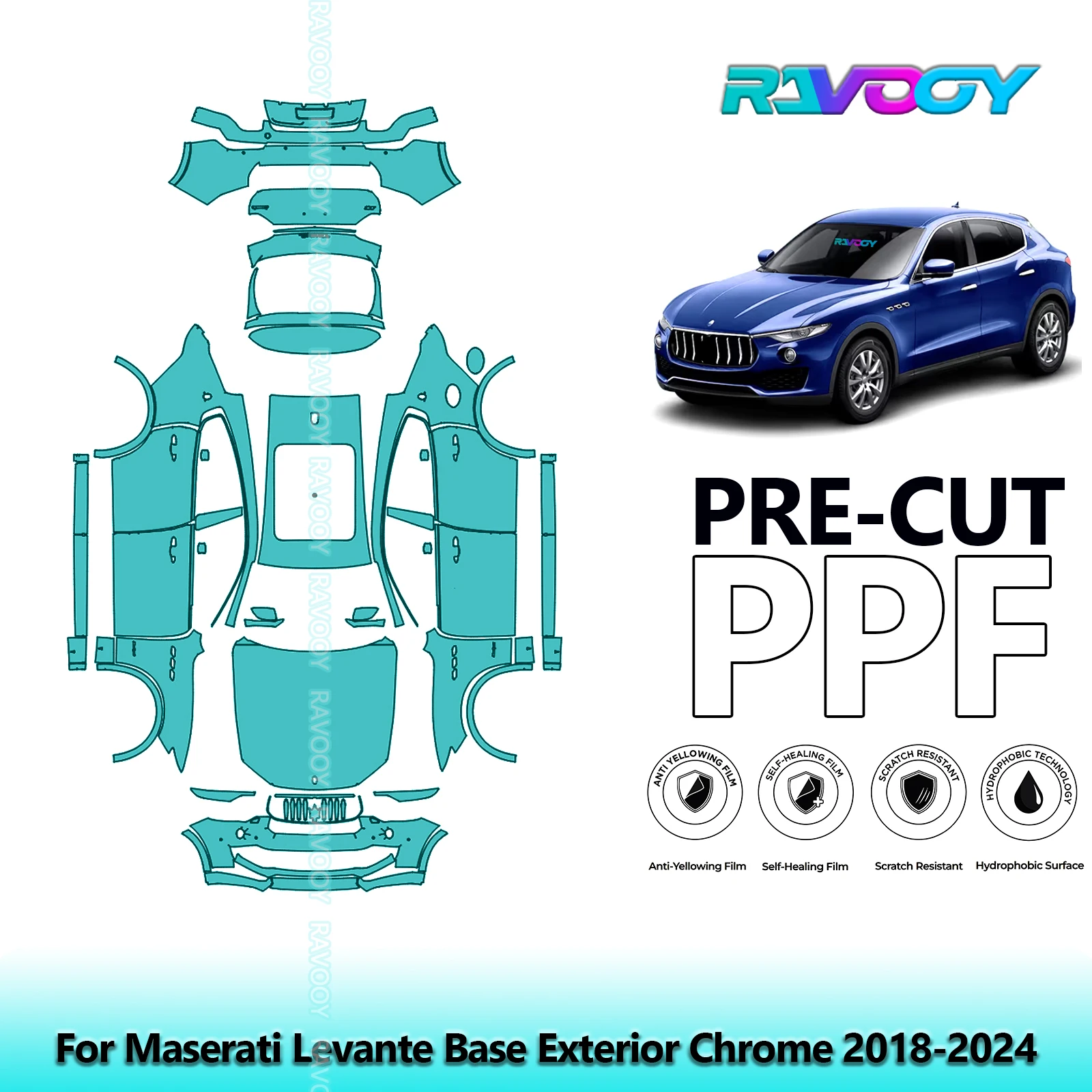 RAVOOY 8.5Mil Custom-Fit Precut TPU PPF Full Vehicle Clear Bra Stone Guard For Maserati Levante Base Exterior Chrome 2018-2024