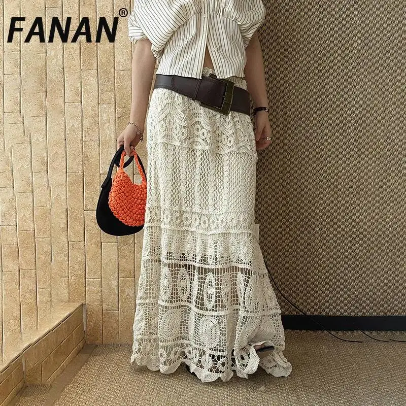 FANAN 2026 New Summer French Bohemian Style Handcrafted Crochet Hollow Elastic Waist Midi Skirt For Women