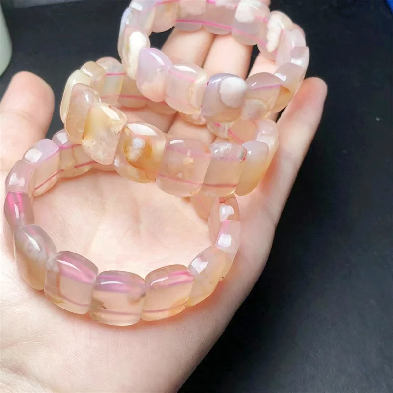 

Natural Pink Flower Agate Bangle Wholesale Design Stretch Polychrome Handmade Beads Healing Women Jewelry Gift 1pcs 12x17mm