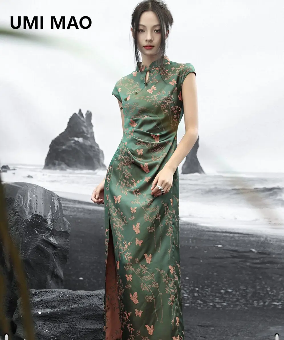 

UMI MAO New Chinese Qipao Dress Women 2024 New Jacquard Satin Texture Slim Fit Green Dresses Femme Y2K