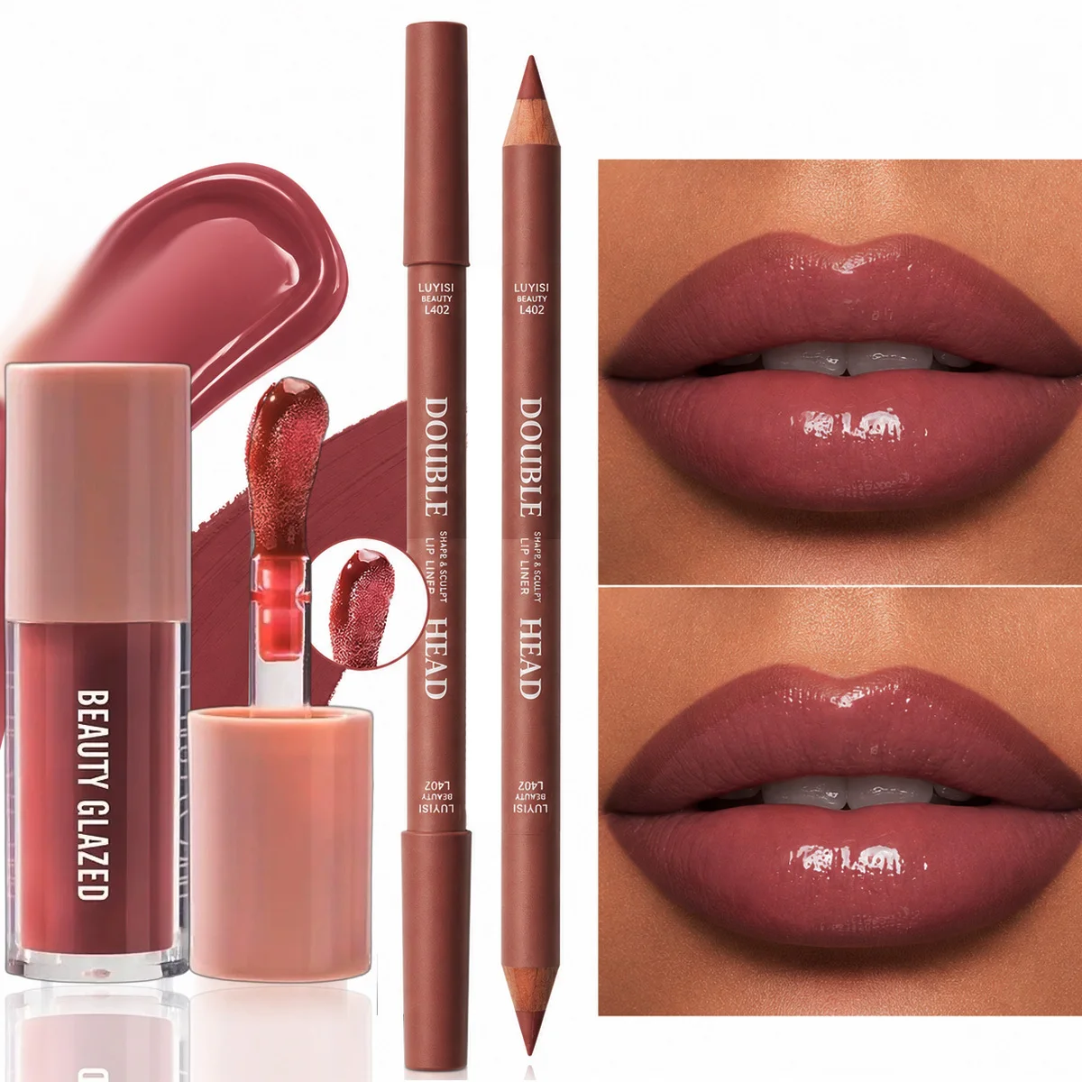 2pcs/Set Lip Makeup Set,1pc Matte Dual-Color Lip Liner+1pc Moisturizing Lip Gloss, Texture&Soft Lip Kit,Moisture And Waterproof.