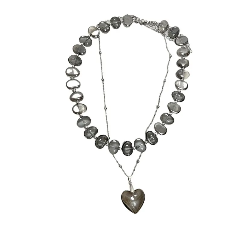 

Vintage irregular crystal beaded necklace niche high-end double-layer stacked love pendant collarbone chain