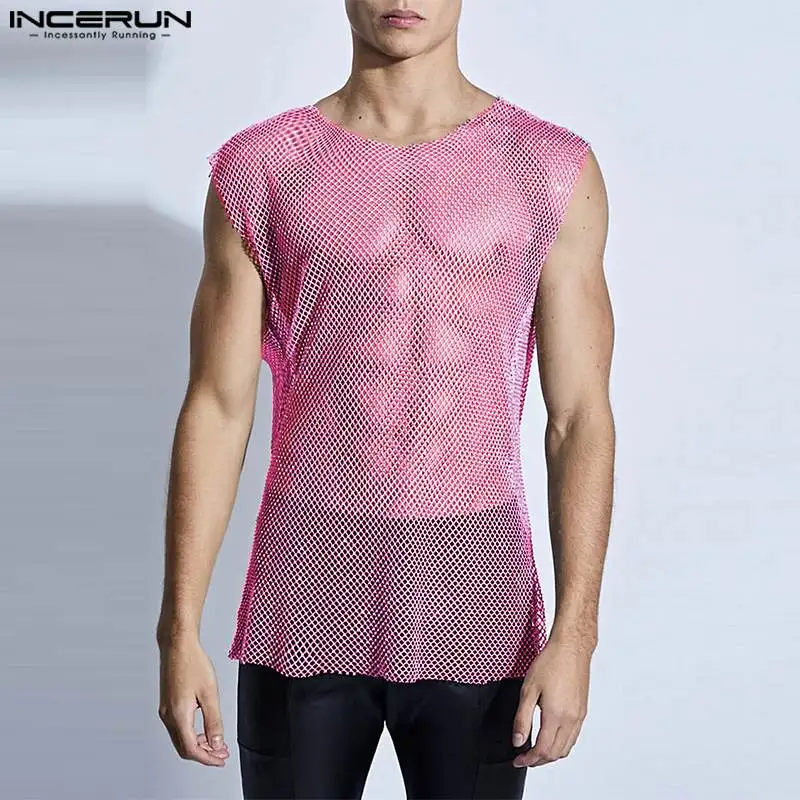 INCERUN Men Tank Tops Mesh Transparent O-neck Sleeveless Backless Hollow Out Male Vests Solid Summer 2024 Fashion Men Clothing