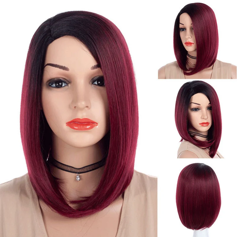Fashionable , side-parted short straight hair with gradient color, African style wig