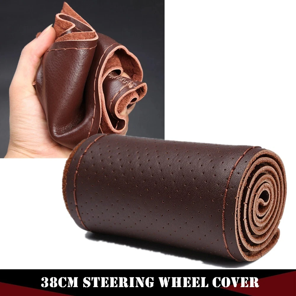 العالمي جديلة غطاء عجلة القيادة 38 سنتيمتر الجلود اليد الخياطة غطاء عجلة القيادة جلد البقر الحقيقي مع الإبر الموضوع #1
