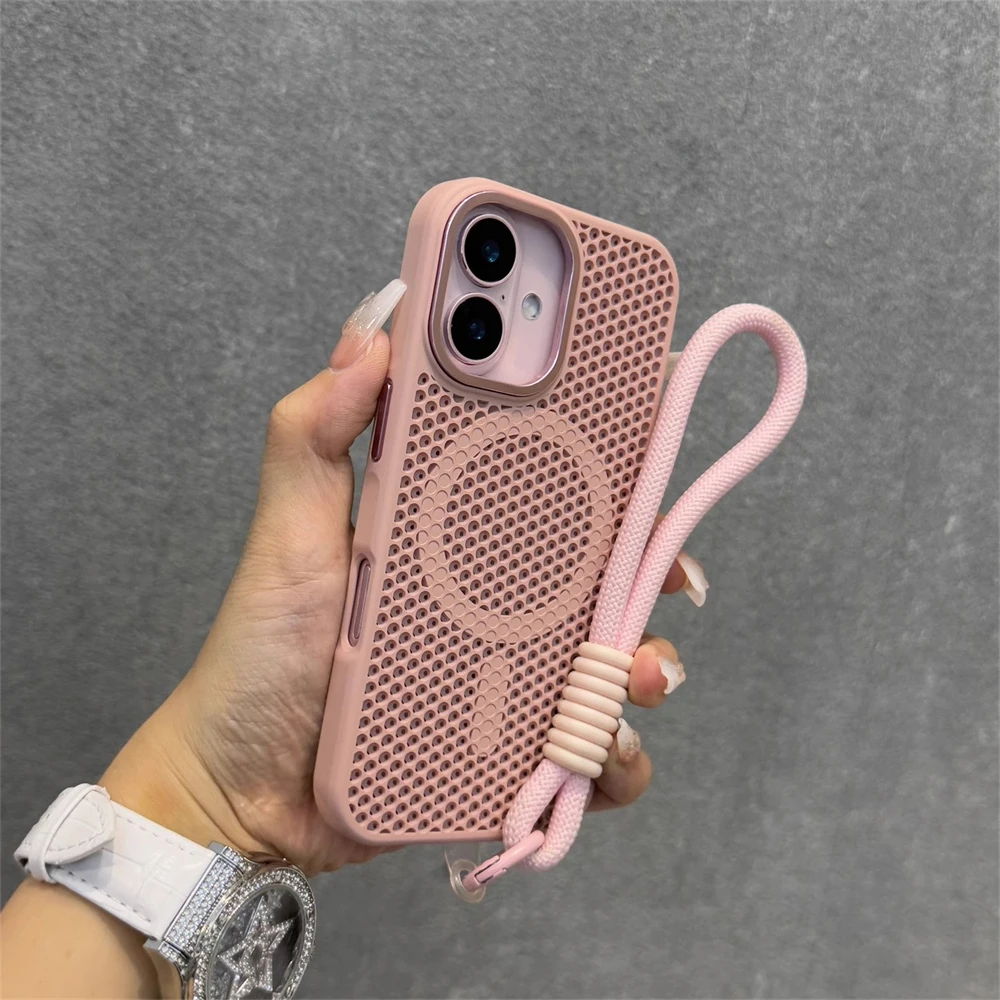 Чехол для телефона с ремешком на запястье и рассеиванием тепла для iPhone 16 Pro Max 15 14 Plus 13 12 Pro для Magsafe, дышащий магнитный чехол Чехол для телефона с ремешком на запястье и рассеиванием тепла для iPhone 16 Pro Max 15 14 Plus 13 12 Pro для Magsafe, дышащий магнитный чехол