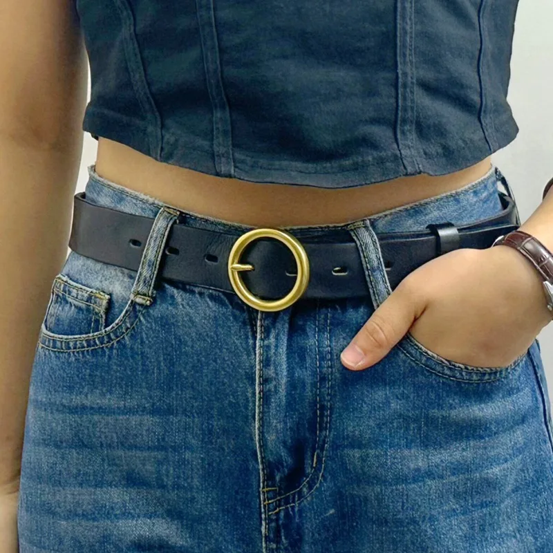 3.0cm Wide Fashionable Leather Belt For Couples Brass Prong Round Buckle Versatile Men And Women Universal Denim Waist Belts