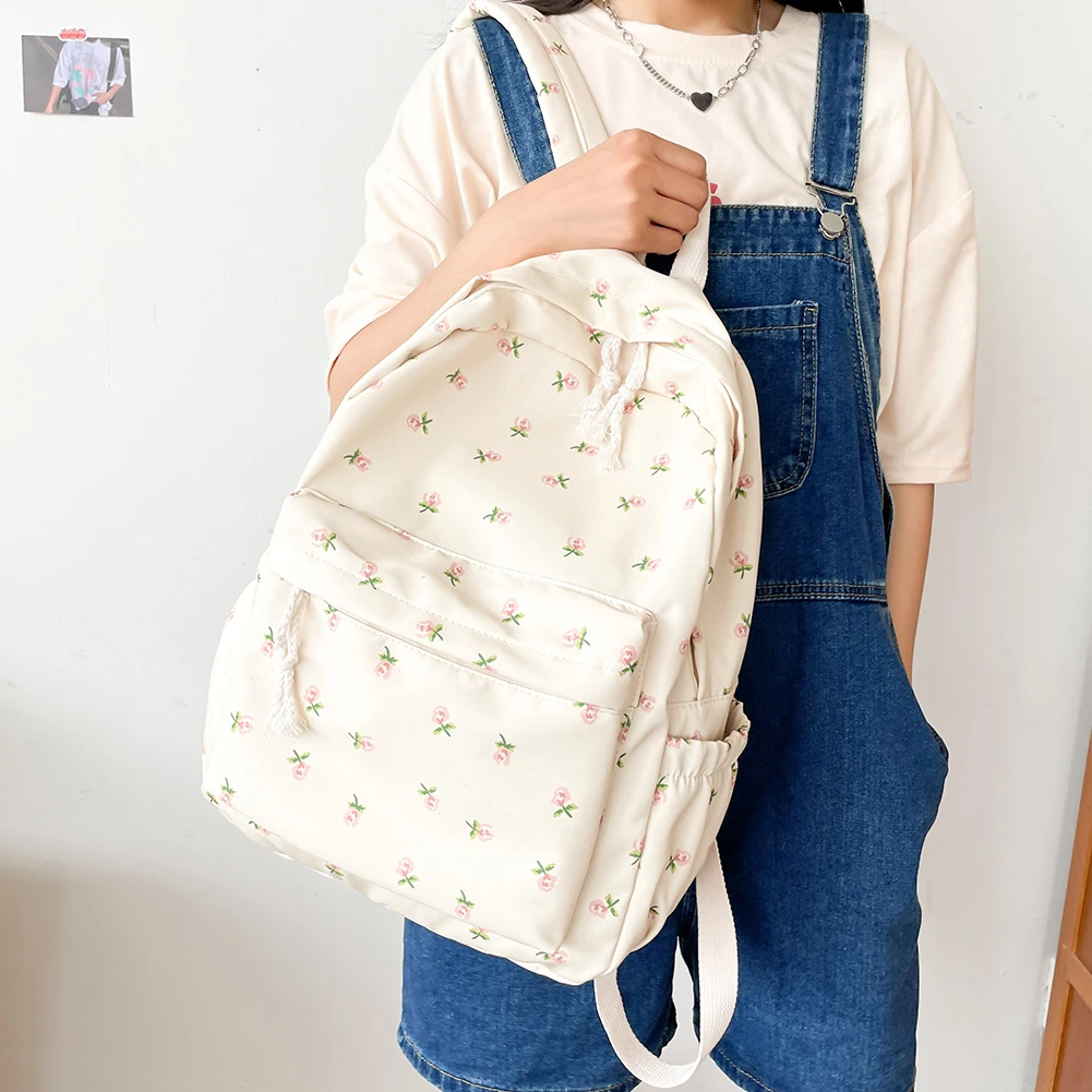 Women Simple Floral Backpack Large Capacity Travel Laptop Rucksack Adjustable Strap Casual Floral Backpack Students Daily Bag
