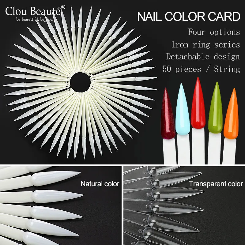 50 embouts/sac, Carte de présentation d'embouts d'ongles pointus pour la pratique, Palettes de présentation de couleurs de vernis gel en forme d'éventail, Outil de manucure