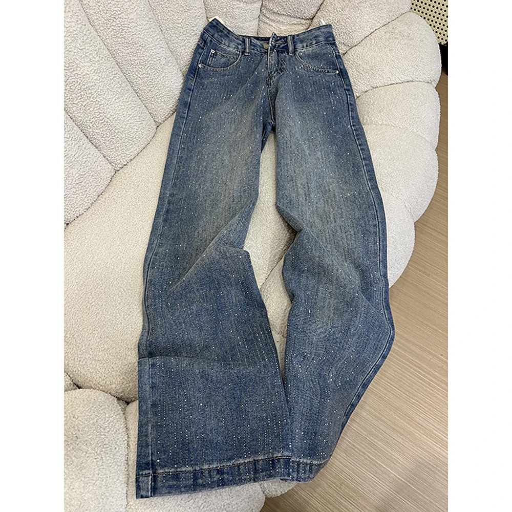 Jean taille haute pour femmes, bleu diamant, mode ciel étoilé, Design strass, pantalon en Denim, jambes larges, ample, scintillant, scintillant