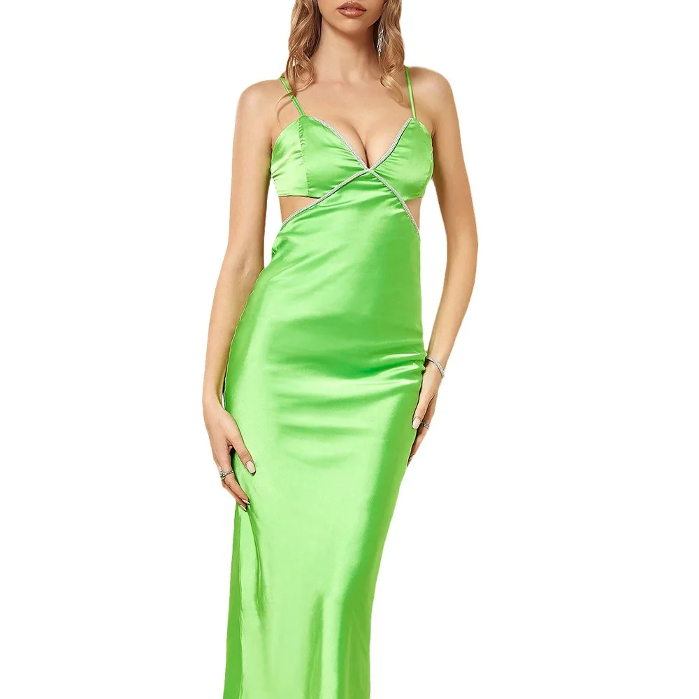 2025年夏新作 レディース セクシーで上品なサテン生地のタイトなディープVネックホルターネックワンピース