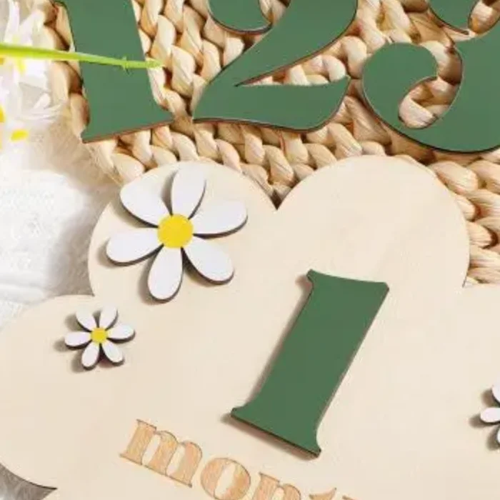 بطاقات معلم شهرية للأطفال الخشبية، زهور مزدوجة الجوانب، رقم الشهر للفتيات والأولاد، ملحقات دعائم التصوير الفوتوغرافي لحديثي الولادة #1