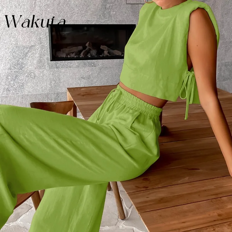 WAKUTA 2024 Fall Temperament Round Neck Shoulder Pad Sleeveless Tanks Fashion Cotton Linen High Waist Tie Pants Two-piece Sets