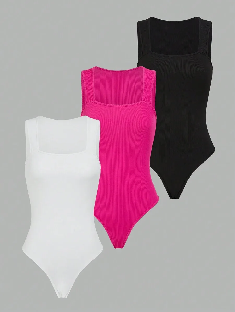 

Комплект из 3 однотонных трикотажных боди-майок в рубчик для женщин