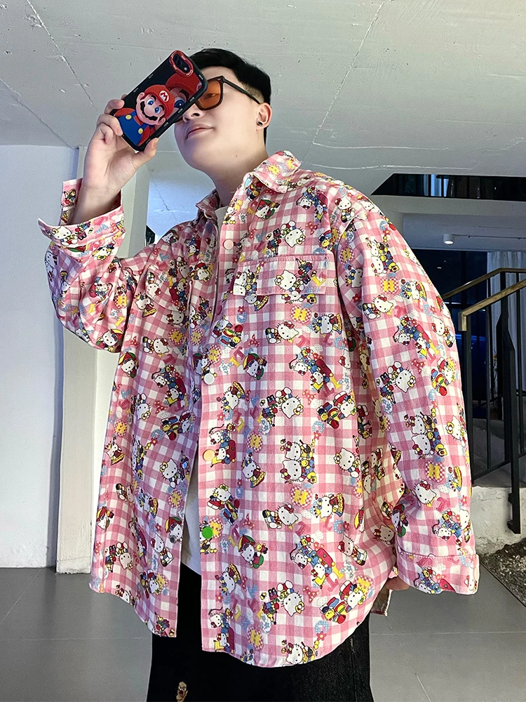 

Cartoon HelloKit Print Plaid Long Sve Loose Fit Men's Denim Jaet Trendy Button up Cotton irt American Sle