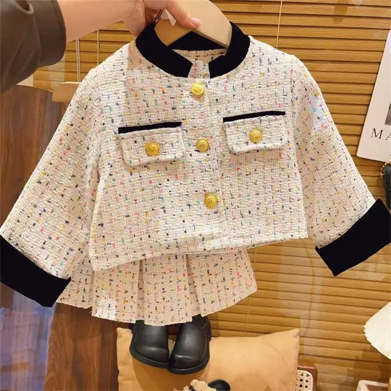 Sweet Outfits Kids Girls Princess 2pcs Clothes Sets Spring Autumn Children Fashion Blazer Coat+Skirt Vintage Outfits Suit