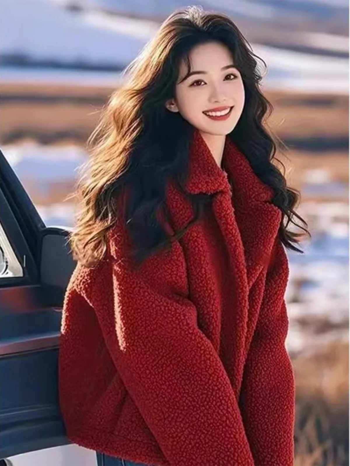 

Уникальная красная шуба из овчины для женщин, осенне-зимняя новинка, свободный крой, воротник, длинная...