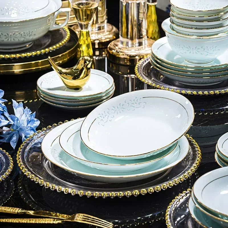 Underglaze Celadon Tableware Set Exquisite High End Dishes and Chopsticks for Household Housewarming Gift