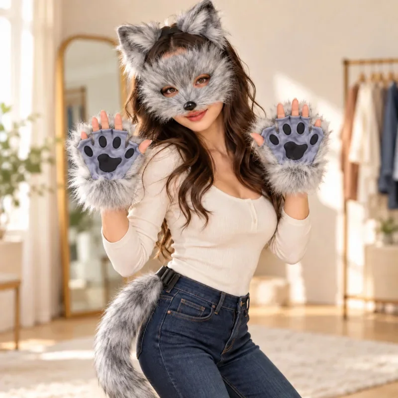 4Pcs Furry Fox Costume Set Animal Mask Ears Headband Long Tail Paw Gloves Cosplay Accessories For Adults Party Dress Up Gift