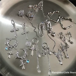 Fashion Vintage Punk Cross Zircon Tassel Heart Pendant Metal Earrings For Women Men Goth Y2K Grunge Harajuku Jewelry Accessories