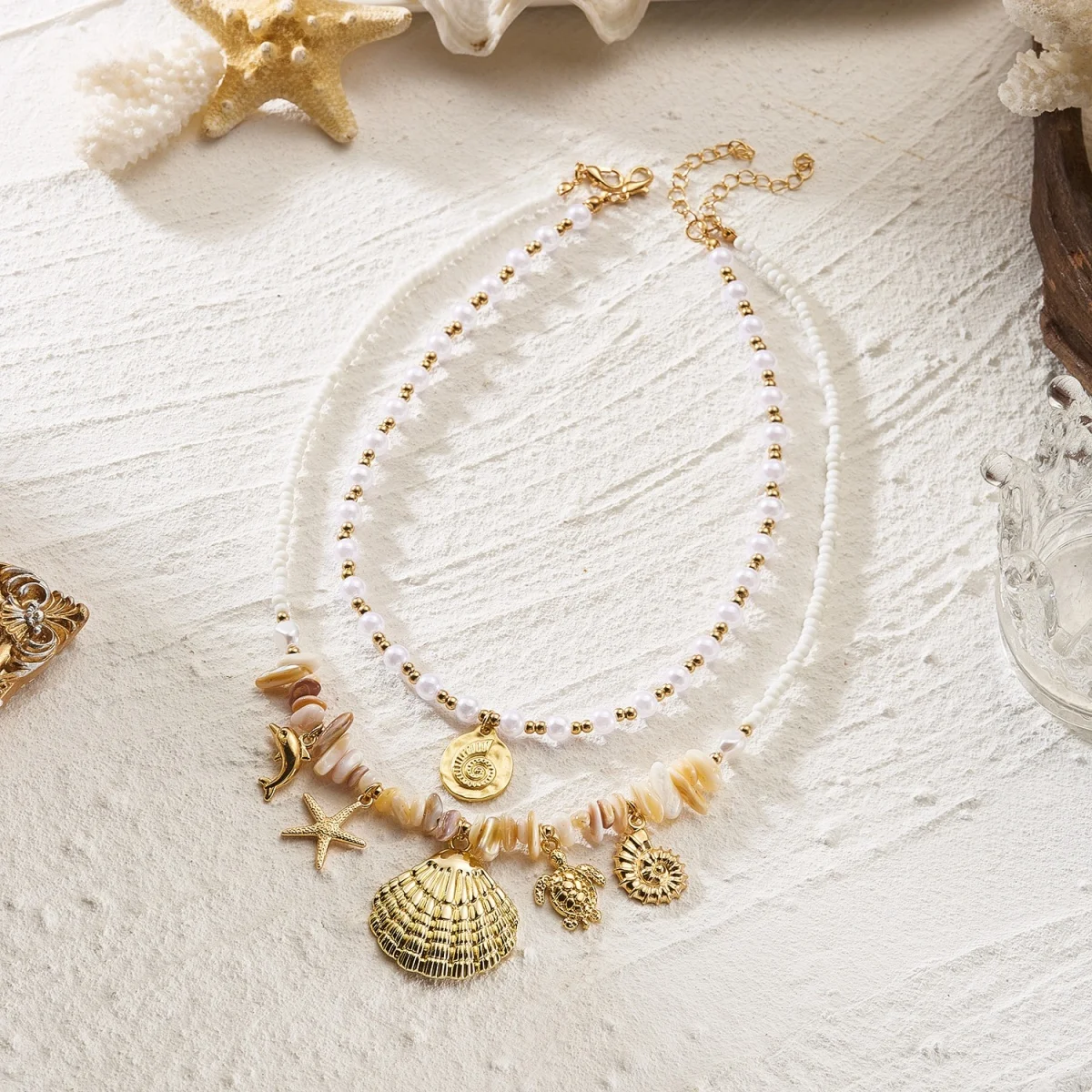 Sommerliche Muschel-Seestern-Imitationsperlen-Quasten-Anhänger-Halskette für Damen und Herren – Seepferdchen, Fisch, Muschel, Schildkröte, Delfin Choker-Schmuck – Detail 29