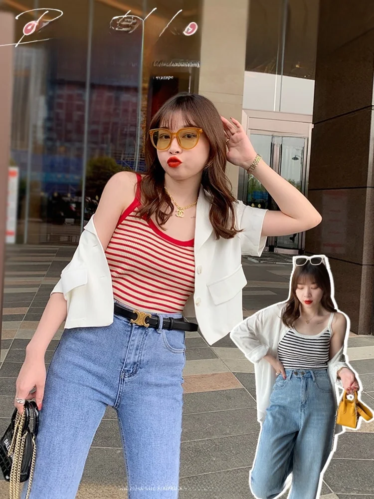 سترة نسائية محبوكة من الحرير الجليدي سترة رفيعة ملابس خارجية صيفية بنمط مخطط للتنقل بطول ort بقصة ضيقة