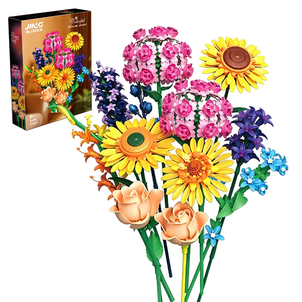 

1025PCS Colorful Bloom Mixed Flower Building Blocks Bouquet Everlasting Sunflower Rose Botanical Bricks Kit Toy Gift For Girl