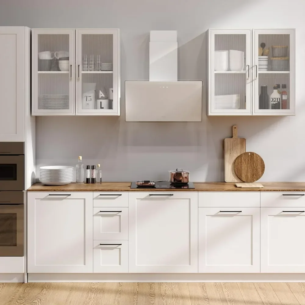 Kitchen Wall Cabinets 4 Doors - Laundry Wall Mounted Storage Cabinets with Acrylic Glass Doors in White, One Set of 2 Pieces