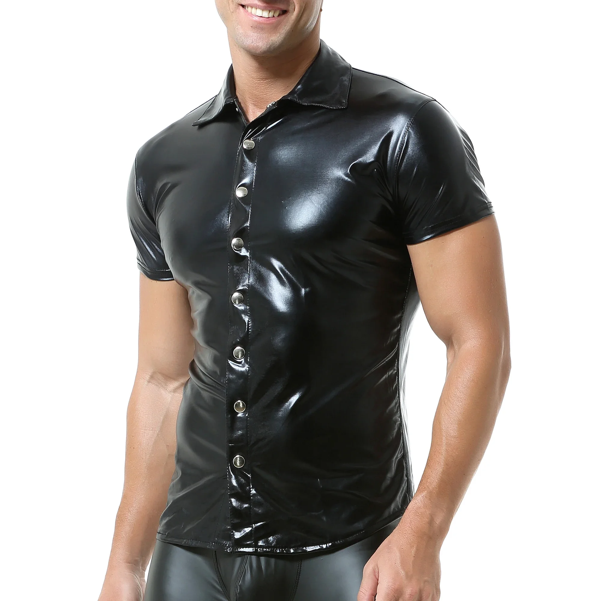 Men's Sexy Skinny Leather Shirts Short Sleeve Fashion PU Leather T-Shirts Male Turn Down Collar Button Shirt Stage Show Costume