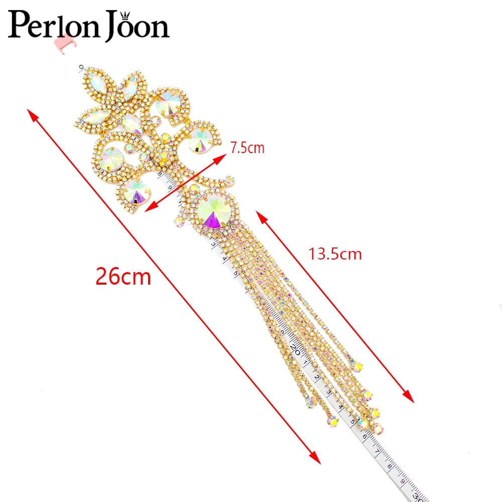 Shiny high quality AB rhinestone Fringe applique shoulder badge gold silver crystal glass brooch for wedding shoes YHZ044