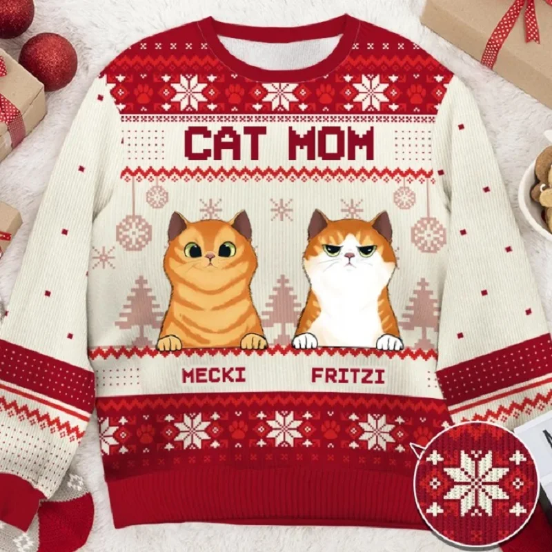 Pull de Noël imprimé chat de dessin animé 3D pour hommes, pull Père Noël, haut, impression 3D, automne, hiver, cadeau